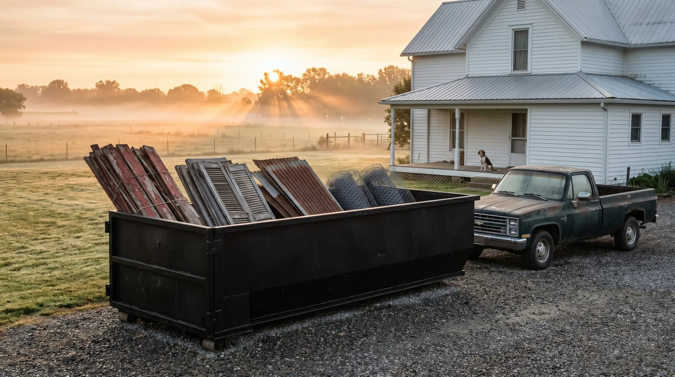 Roll-off container loaded with dense demolition debris from an older Concord, Michigan home