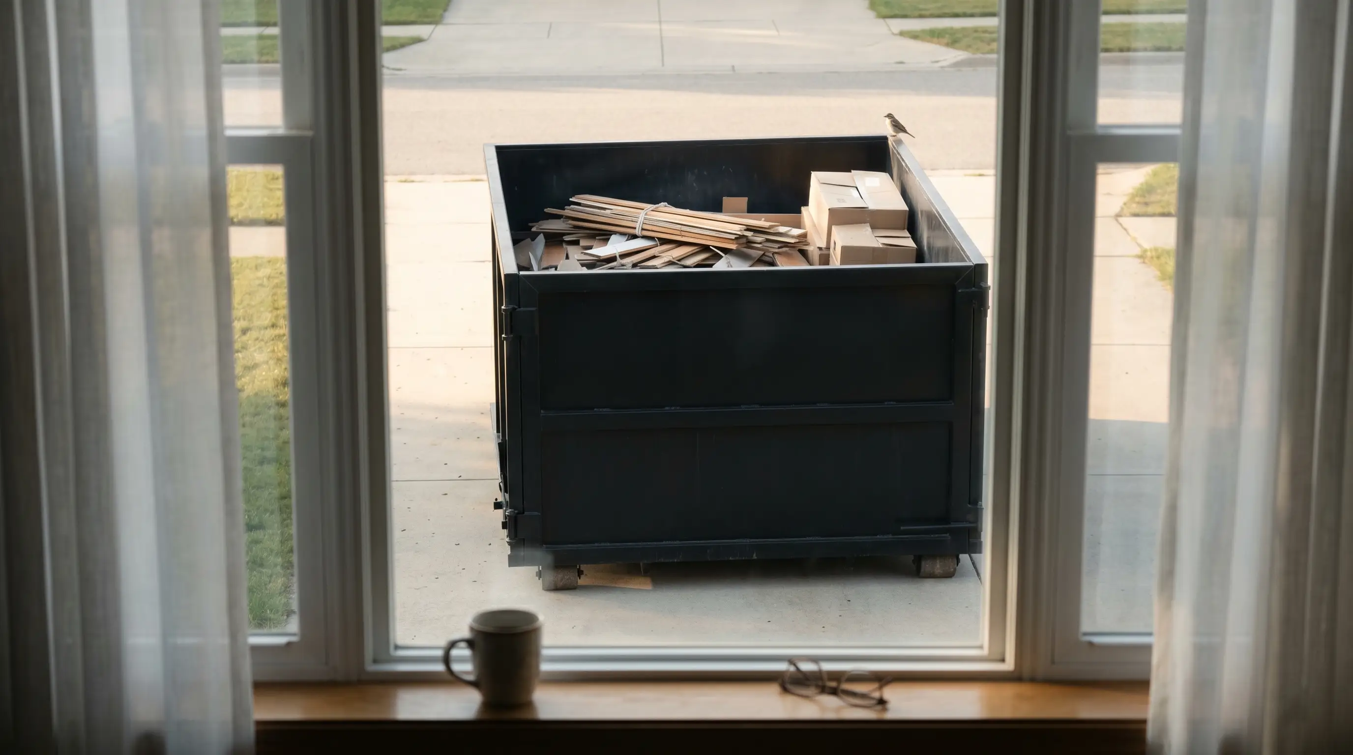 Dumpster positioned outside a Jackson, Michigan home during a basement cleanout